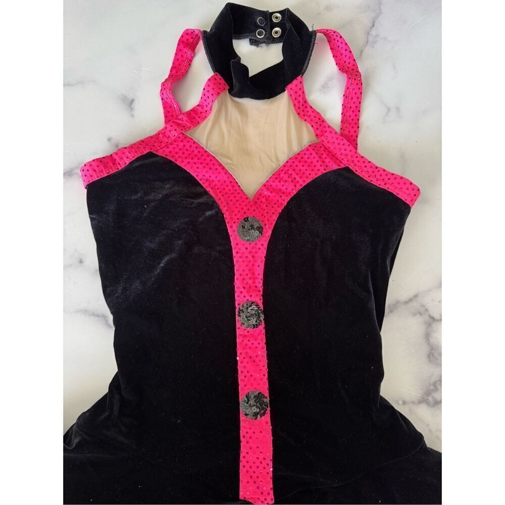 Dancewear girls mini halter top black hot pink velvet sequin dress MA Designs fo
